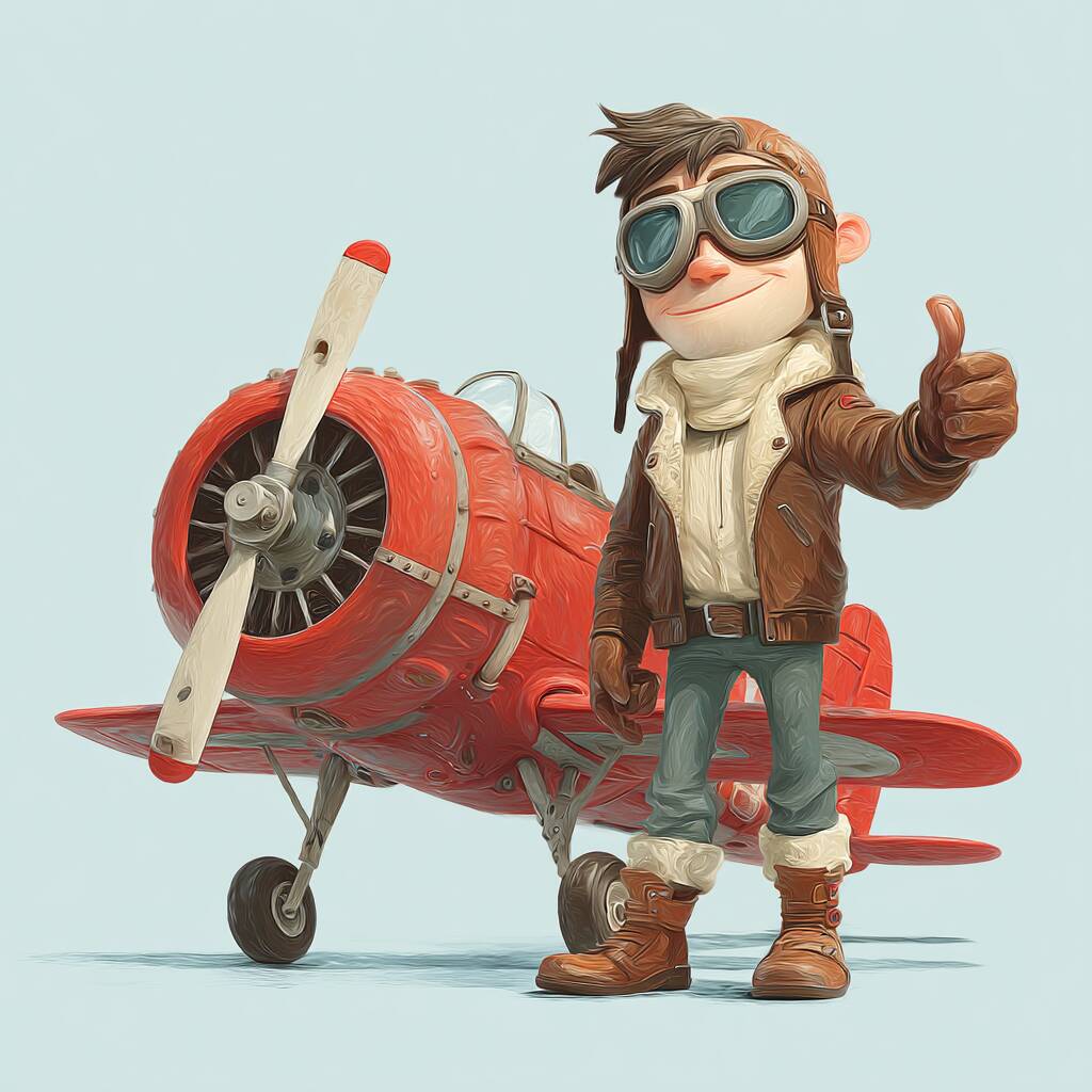 A brave and cool cartoon pilot, the Aviator game mascot, giving a thumbs-up in front of a classic red propeller plane.