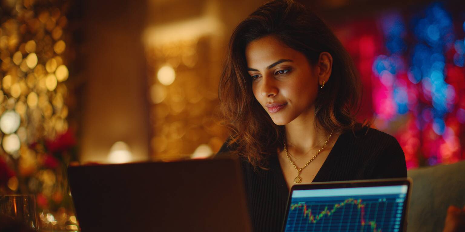 A beautiful, thoughtful young woman from Bangladesh analyzing the Aviator game chart on her laptop, planning her next strategic move in a casino setting.