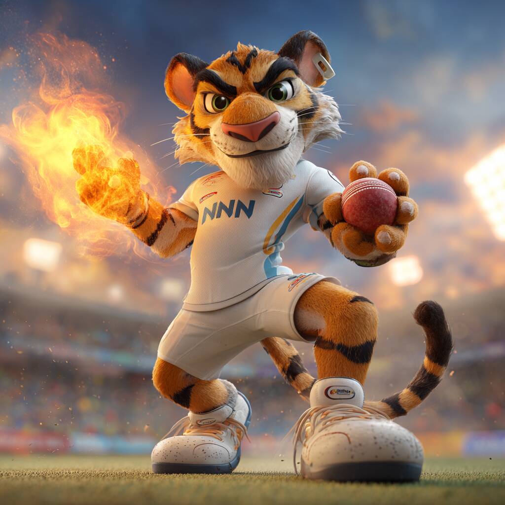 A powerful and athletic cartoon tiger, the Ywkk Bet mascot, holding a flaming cricket ball and ready to bowl.