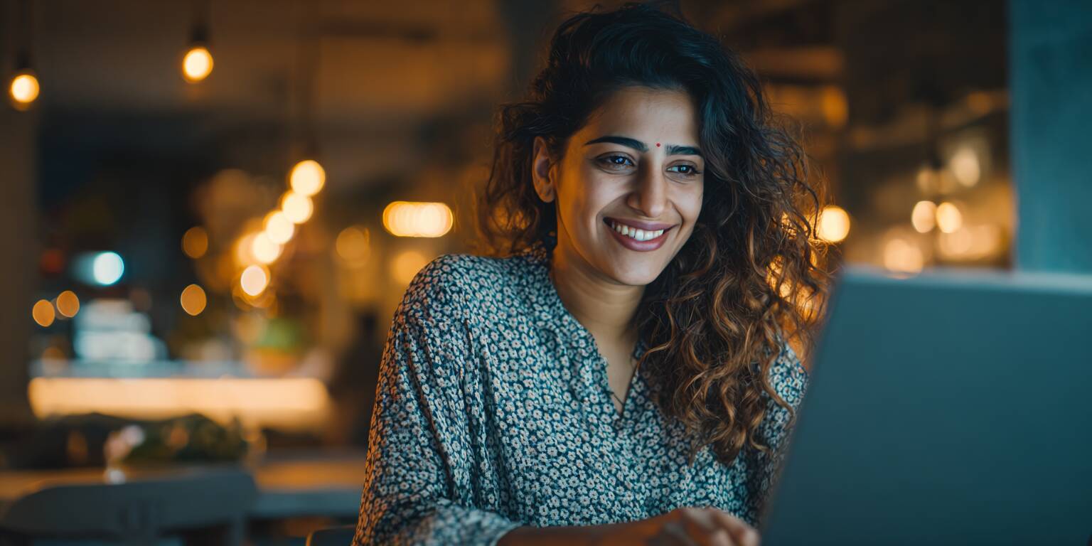 A beautiful young Bangladeshi woman smiling as she enjoys playing an online casino game on her laptop in a cozy, modern cafe.