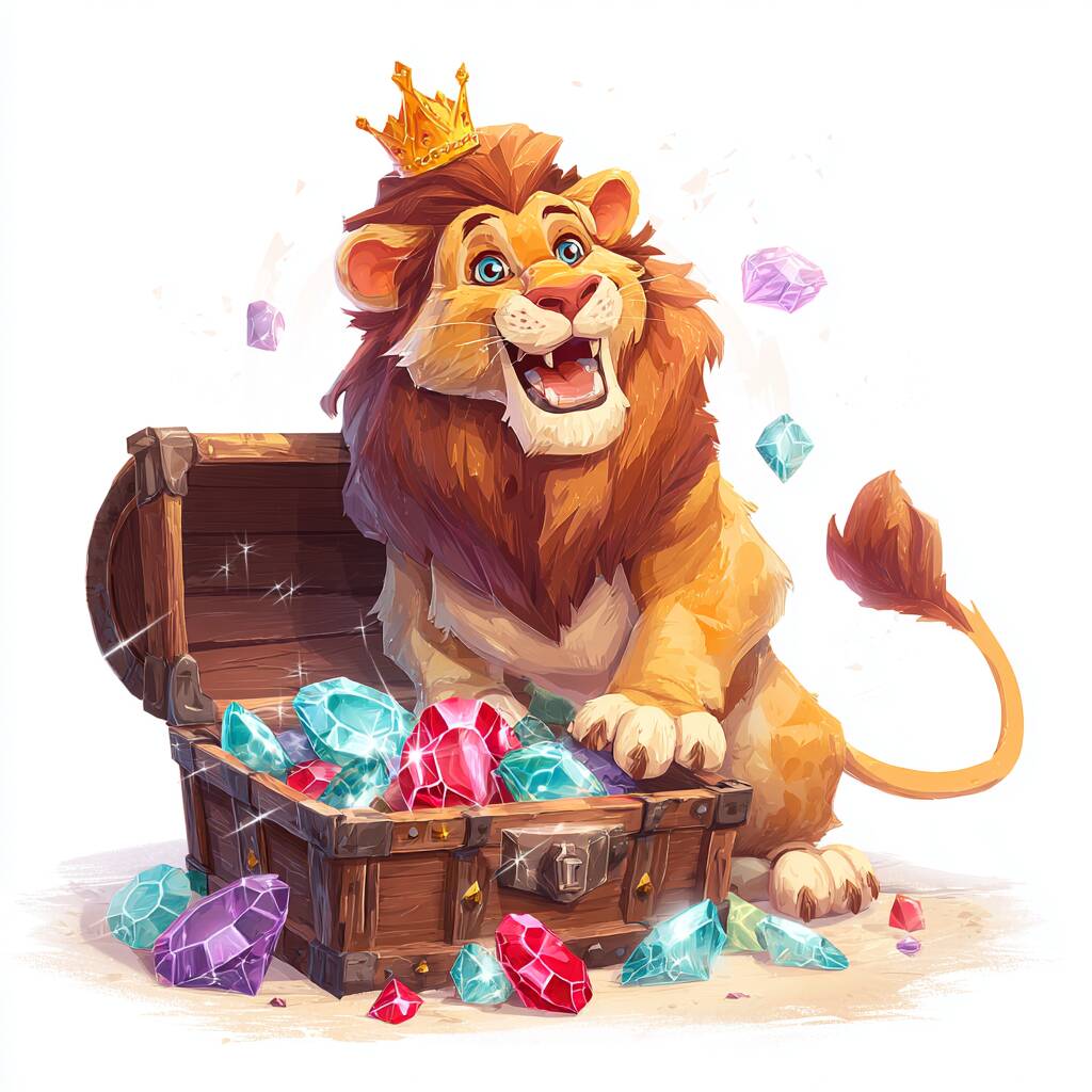 A majestic and friendly cartoon lion, the Fortune Gems mascot, wearing a crown and sitting beside a pile of giant, sparkling diamonds and gems.
