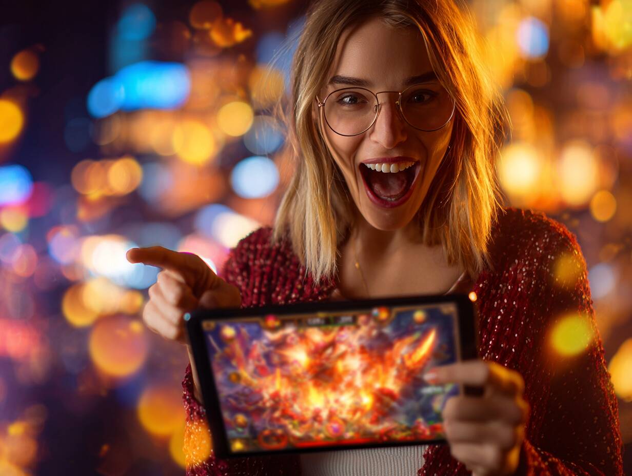 Ywkk – A wide variety of online slot games A stylish young woman from Bangladesh looking excited while playing a vibrant slot game from Ywkk casino on her tablet.