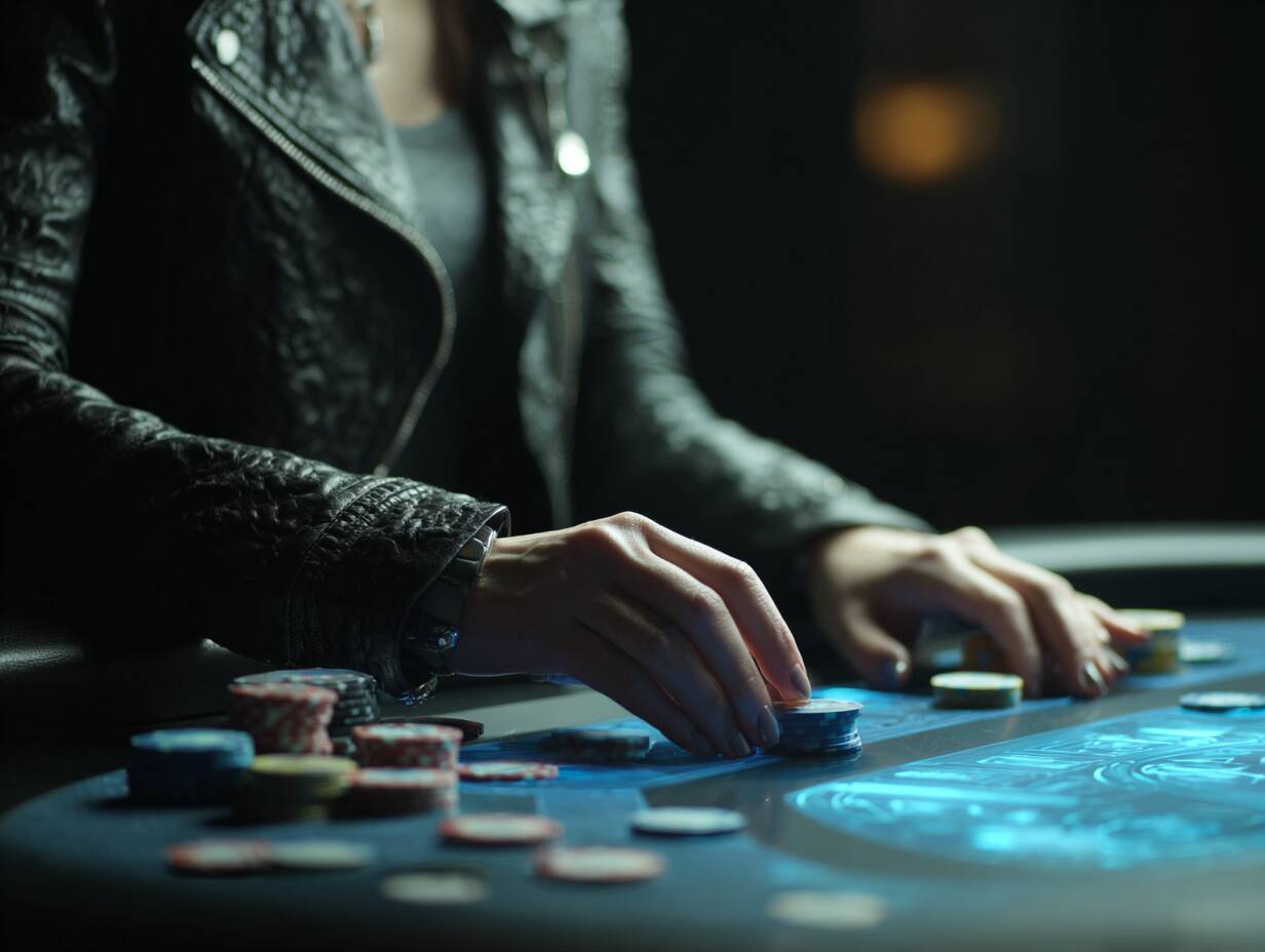 Ywkk – Classic casino table games like Poker and Blackjack A close-up of a young woman's hands handling poker chips while playing a table game on the Ywkk platform.