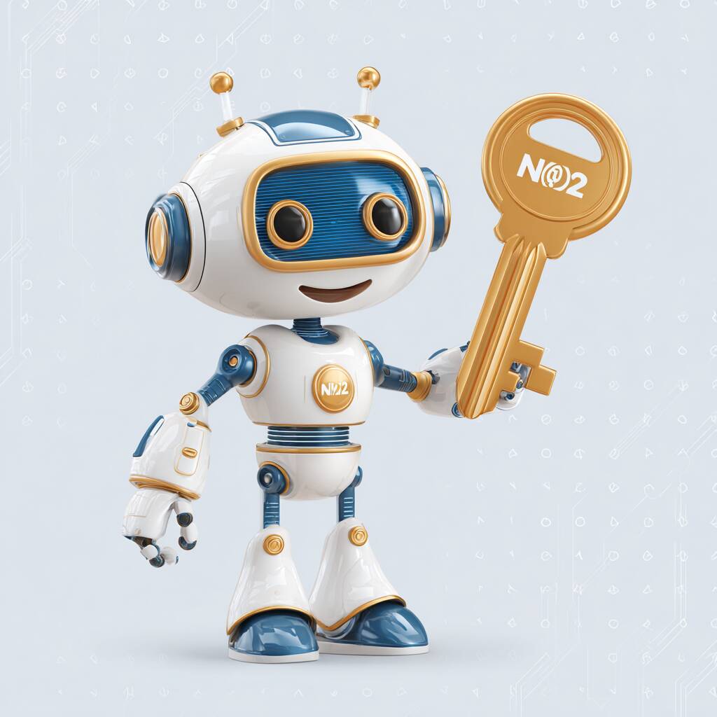 A friendly and trustworthy cartoon robot mascot, holding a large golden key with the Ywkk logo, ready to unlock the world of gaming.