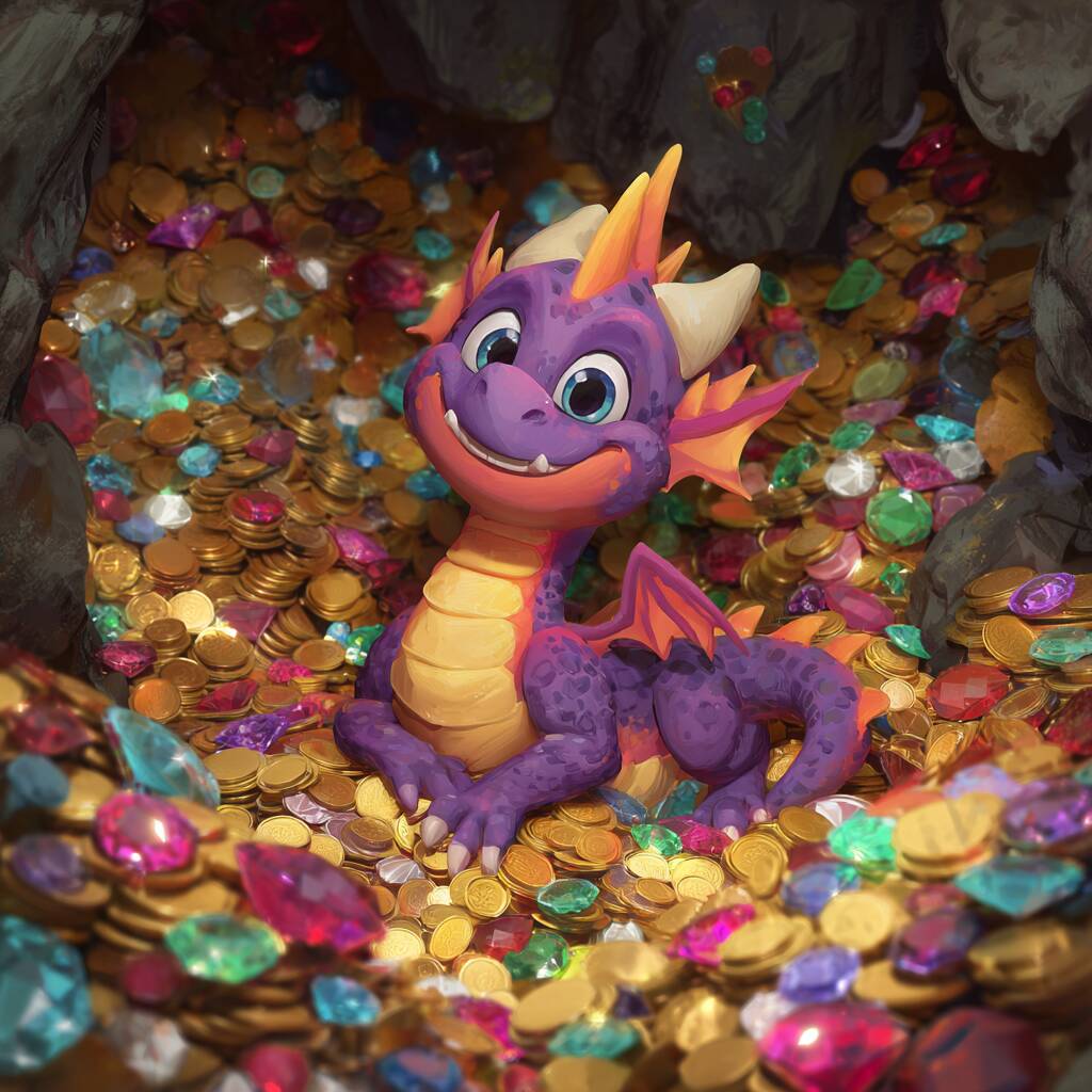 A lucky cartoon dragon, the Ywkk slots mascot, gleefully hoarding a treasure chest filled with sparkling gold coins and gems.