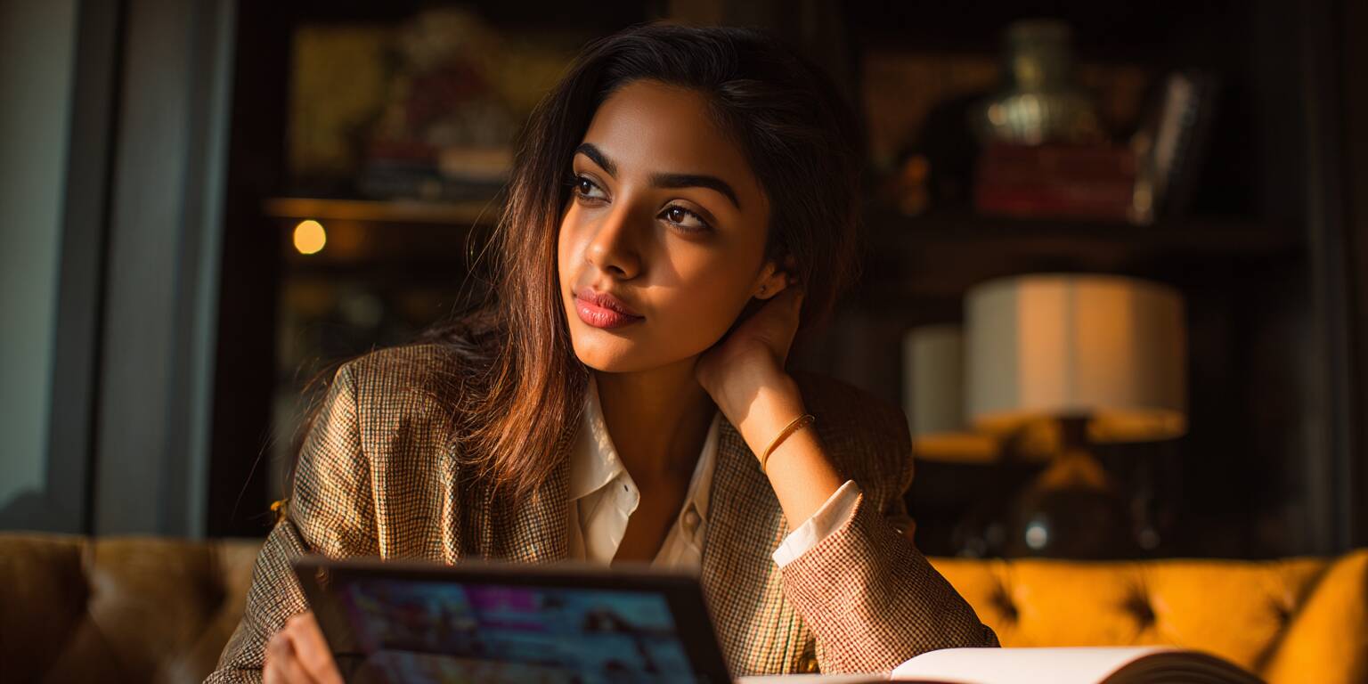 একজন মনোযোগী বাংলাদেশি নারী ট্যাবলেটে ক্যাসিনো গেমের কৌশল পড়ছেন, দৃঢ় কিন্তু শান্ত অভিব্যক্তিতে।